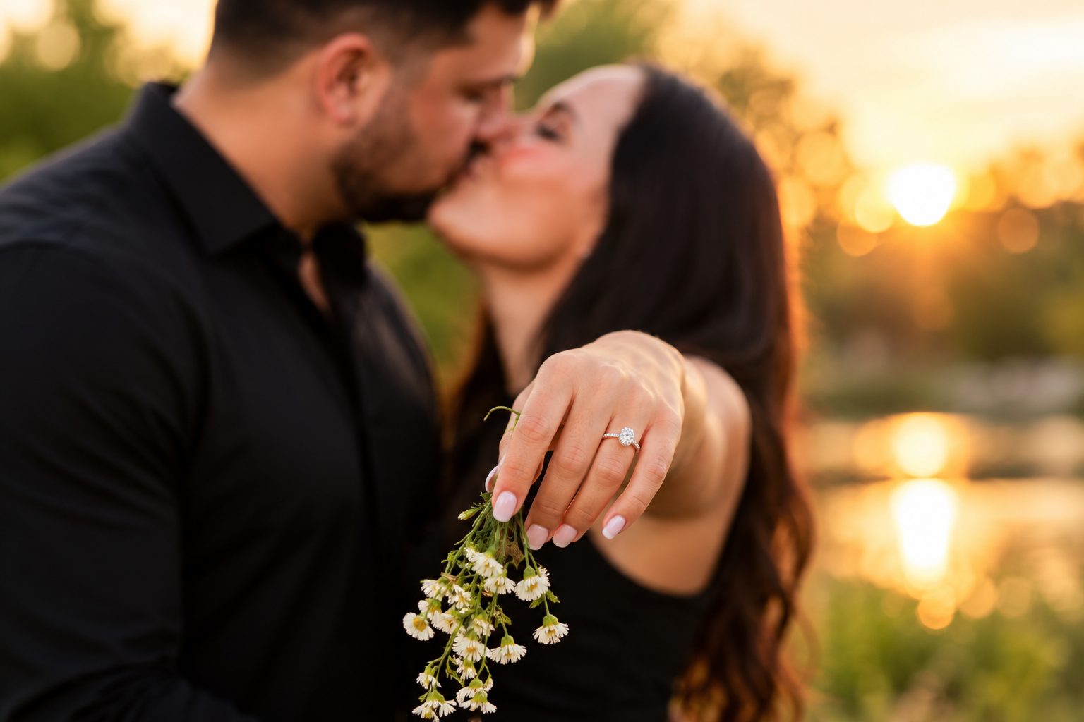 Romantic engagement ring portrait at golden hour