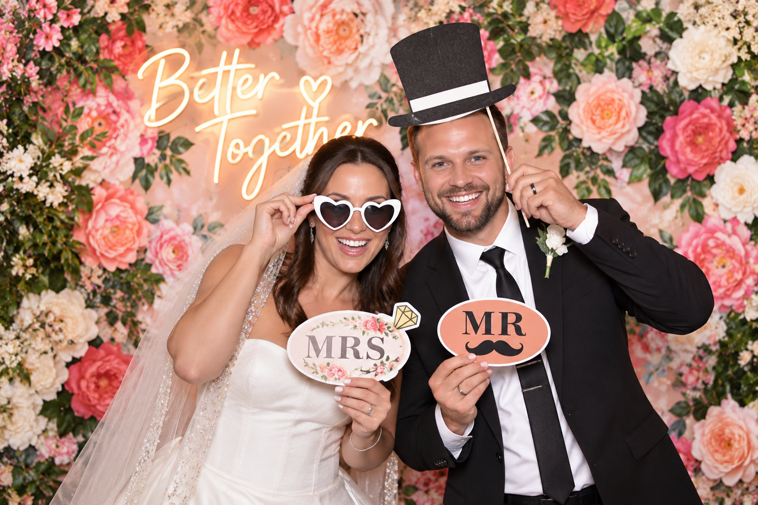 Wedding couple enjoying a floral photo booth