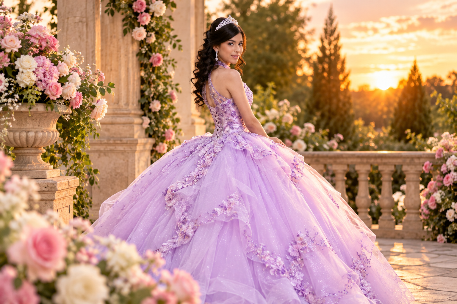 Quinceañera portrait in a lavender gown at golden hour